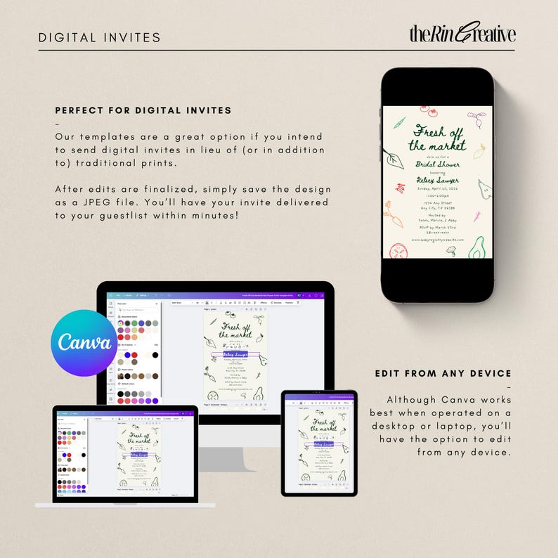 May include: A digital invitation template for a bridal shower with a green and white color scheme. The invitation features a hand-drawn illustration of vegetables and the text "Fresh off the market". The template is editable in Canva.