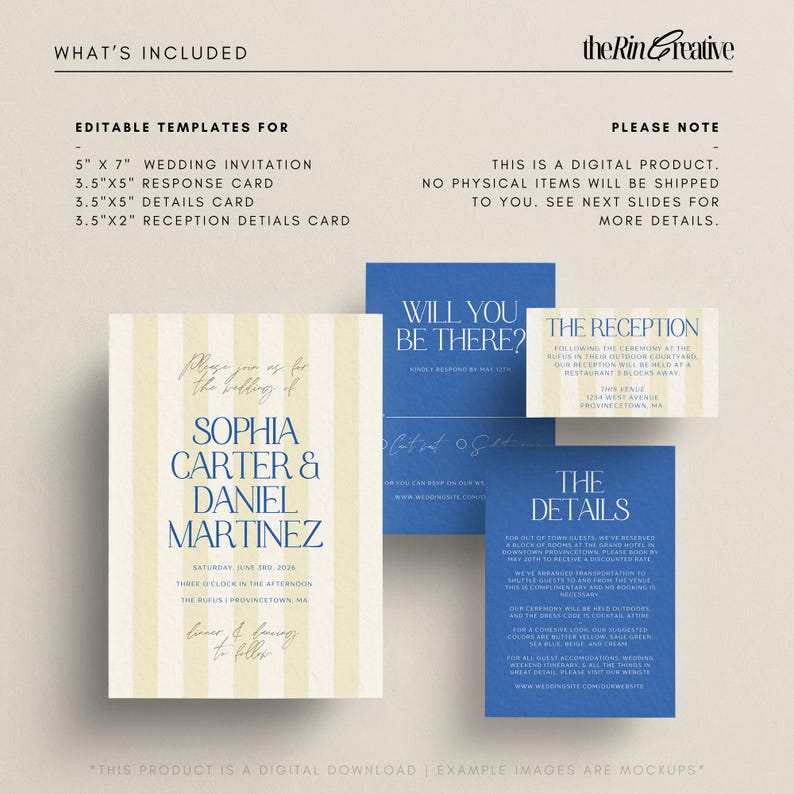 May include: A wedding invitation suite with a yellow and blue color scheme. The invitation features a striped background with the names "Sophia Carter & Daniel Martinez" in a blue font. The RSVP card has a blue background with the text "Will You Be There?" in white font. The reception details card has a blue background with the text "The Reception" in white font. The details card has a blue background with the text "The Details" in white font.