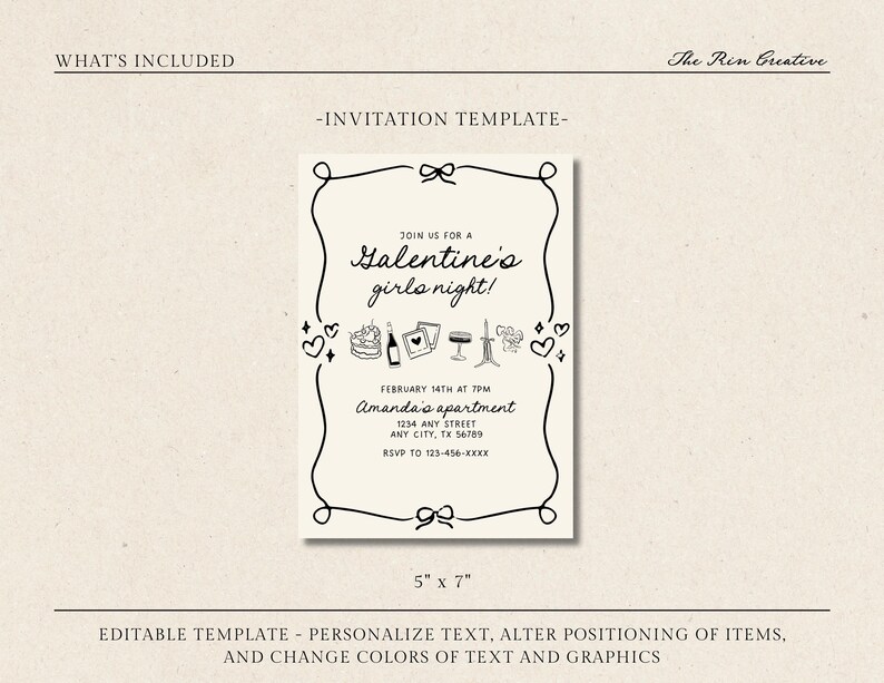Galentine's Day Party Invitation Template, Girly Galentine's Invite, Galentine Invite with Bows, Galentine's Girls Night, Whimsical Invite image 2