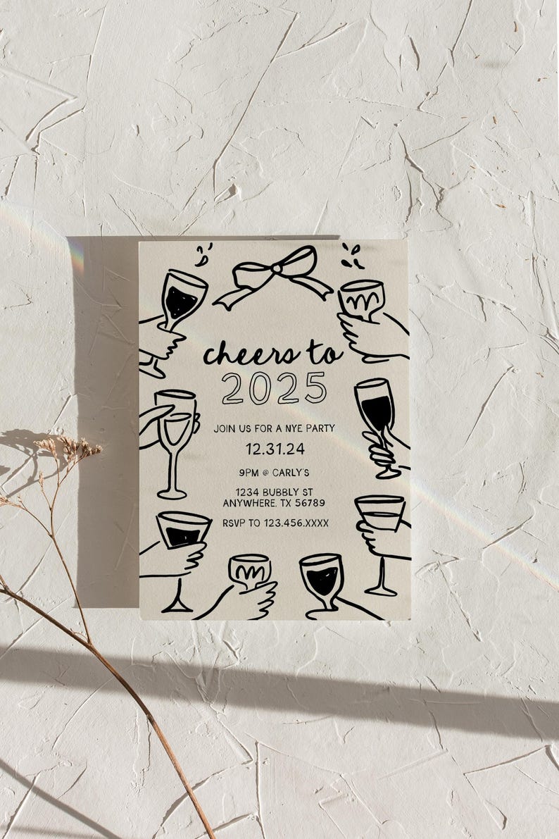 NYE Party Einladung Vorlage, Prost auf 2025, Hallo 2025, Bearbeitbare Einladungsvorlage, Wunderliche Hände Toasten, Silvester Einladung Bild 7