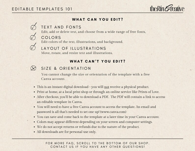 May include: Editable template guide with a checklist of what can and cannot be edited. The guide includes text and font, color, layout of illustrations, size and orientation. The guide also includes information about downloading and accessing the template.