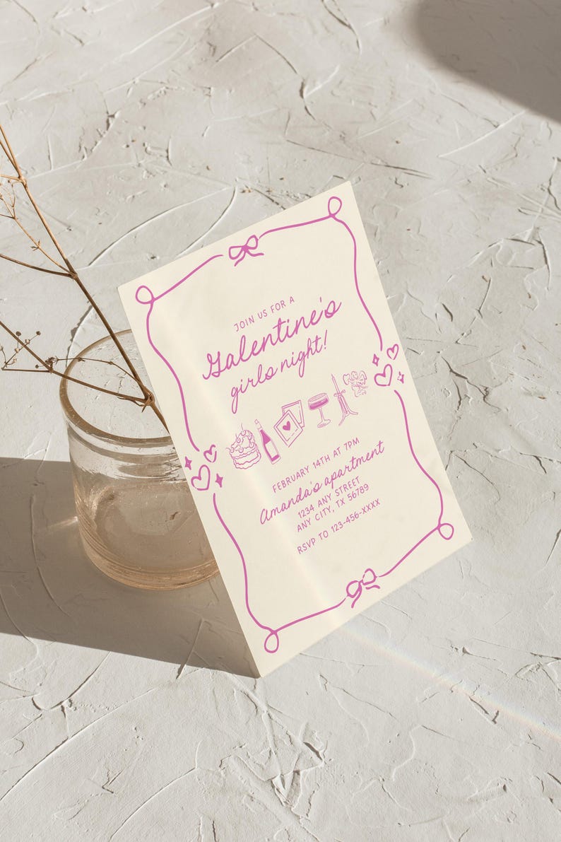 Galentine's Day Party Invitation Template, Girly Galentine's Invite, Galentine Invite with Bows, Galentine's Girls Night, Whimsical Invite image 4