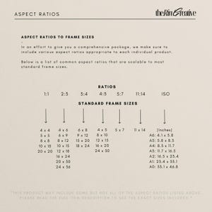 May include: A chart showing common aspect ratios and corresponding standard frame sizes in inches. The chart includes ratios like 1:1, 2:3, 3:4, 4:5, 5:7, 11:14, and ISO. The chart also lists standard frame sizes in inches, such as 4x4, 5x5, 6x8, 8x10, 10x10, 12x15, 16x20, 20x20, 24x30, and 24x36.