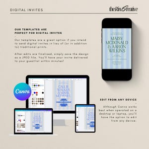 May include: A digital invitation template for a wedding, featuring a blue and white striped background with the text "MAISY MCDONALD & AARON WILKINS" in a blue font. The template is shown on a computer screen and a mobile phone, demonstrating how it can be edited using Canva.