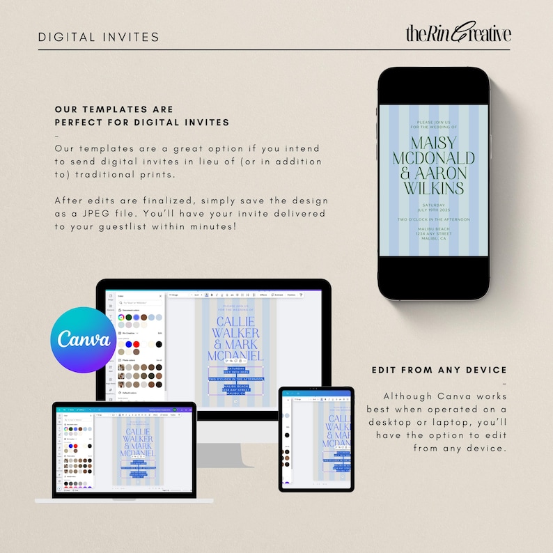 May include: A digital invitation template for a wedding, featuring a blue and white striped background with the text "MAISY MCDONALD & AARON WILKINS" in a blue font. The template is shown on a computer screen and a mobile phone, demonstrating how it can be edited using Canva.