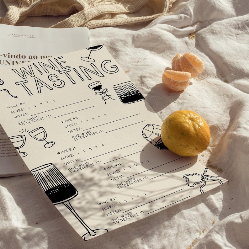 A printable template for a wine tasting score card. For wine tasting parties.