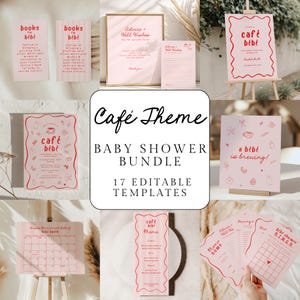 Op de afbeelding: Een verzameling roze baby shower sjablonen met een "Café Theme". De bundel bevat verschillende ontwerpen zoals "books for bébé", advieskaarten, menu en een bingospel. De tekst is rood en het algehele ontwerp is minimalistisch.