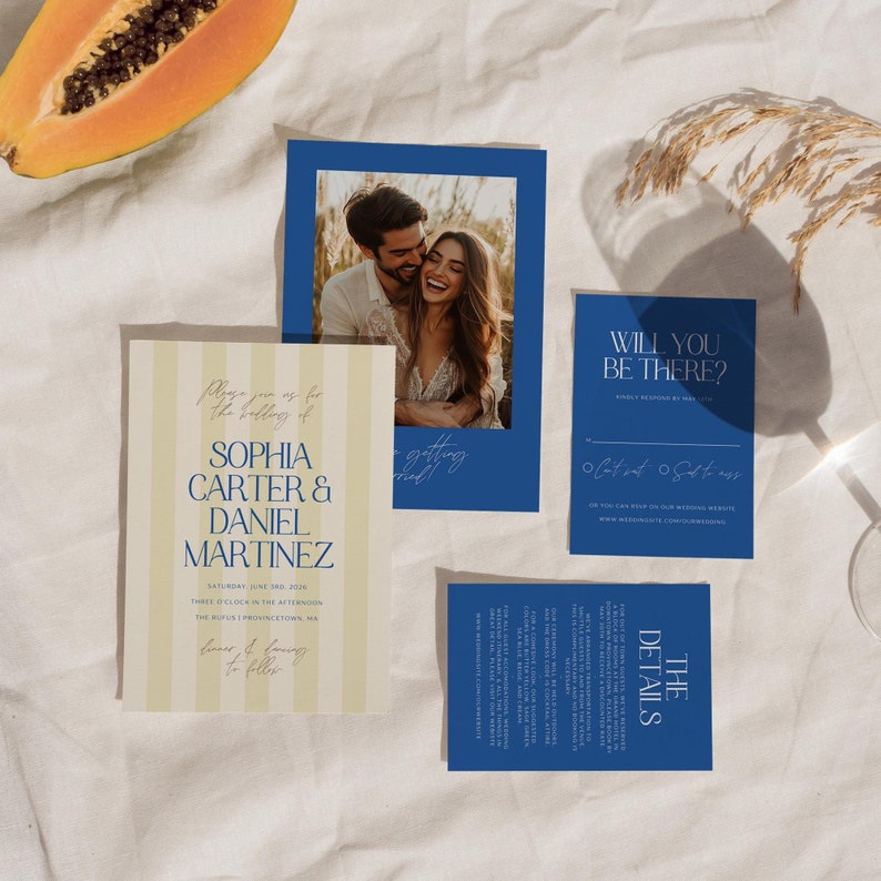 May include: A wedding invitation suite with a yellow and white striped background. The invitation features the names "Sophia Carter & Daniel Martinez" in blue text. The RSVP card has a blue background with the text "Will you be there?" in white text. The details card has a blue background with the text "The Details" in white text.