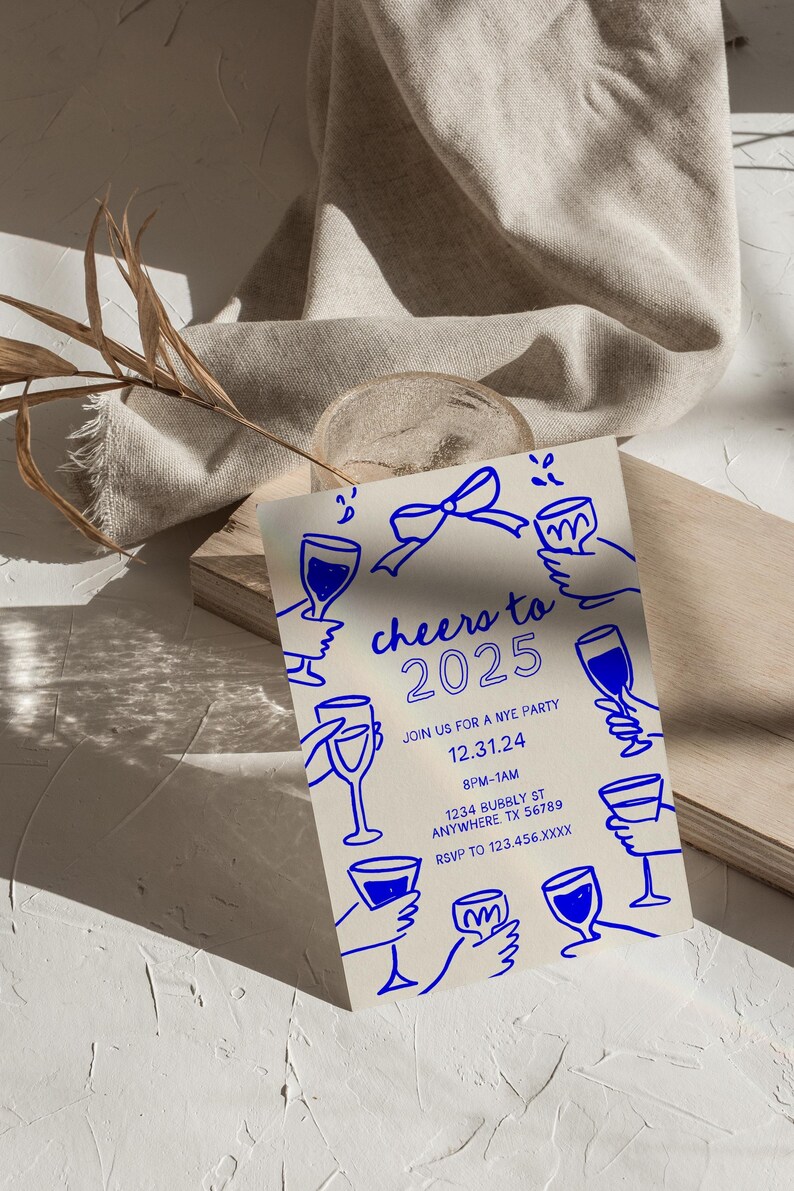 NYE Party Einladung Vorlage, Prost auf 2025, Hallo 2025, Bearbeitbare Einladungsvorlage, Wunderliche Hände Toasten, Silvester Einladung Bild 3