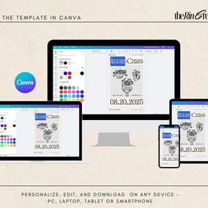 May include: A digital mockup of a wedding invitation template on a computer screen. The template features a black and white illustration of a floral arrangement in a vase with the text "ADDIE CHRIS" and the date "08.20.2025". The template can be edited and downloaded on any device.