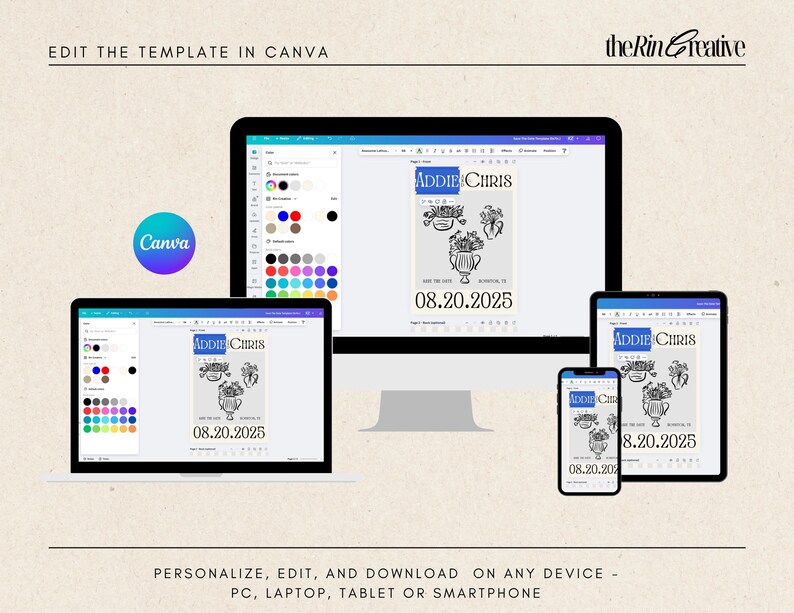 May include: A digital mockup of a wedding invitation template on a computer screen. The template features a black and white illustration of a floral arrangement in a vase with the text "ADDIE CHRIS" and the date "08.20.2025". The template can be edited and downloaded on any device.