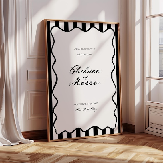 Wedding Welcome Sign Template, Wavy Welcome Sign, Black and