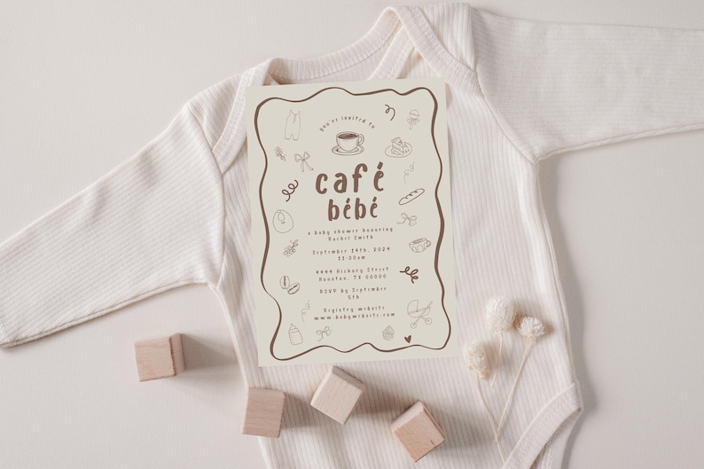 Editable Baby Shower Invitation Template Café Bébé Coffee Theme Whimsical Wavy Border Customizable Printable Digital Download 5x7 Fun Modern image 5