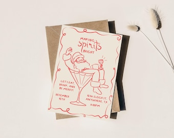 Christmas Party Invitation Template, Holiday Cocktail Hour, Making Spirits Bright, Hand Drawn Santa, Handwritten Invite, Christmas Doodle
