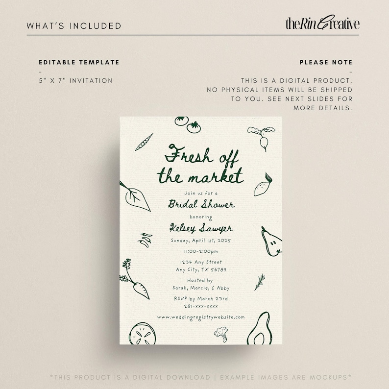 May include: Editable 5x7 inch invitation template for a bridal shower with a green and white color scheme. The invitation features a hand-drawn illustration of vegetables and the text "Fresh off the market" with the bride's name and shower details.