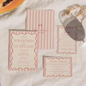 Wedding Invitation Suite Template, Modern Wedding Stationary, Whimsical Wedding Invitation, Wavy Border Invite, Illustrated Invite Set