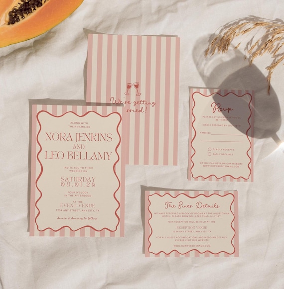 Wedding Invitation Suite Template, Modern Wedding Stationary, Whimsical Wedding Invitation, Wavy Border Invite, Illustrated Invite Set