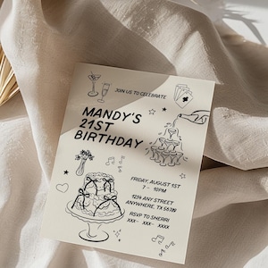 Modèle modifiable d'invitation d'anniversaire, invitation d'anniversaire girly, invitation d'anniversaire dessinée à la main, invitation d'anniversaire de tout âge, illustration tendance