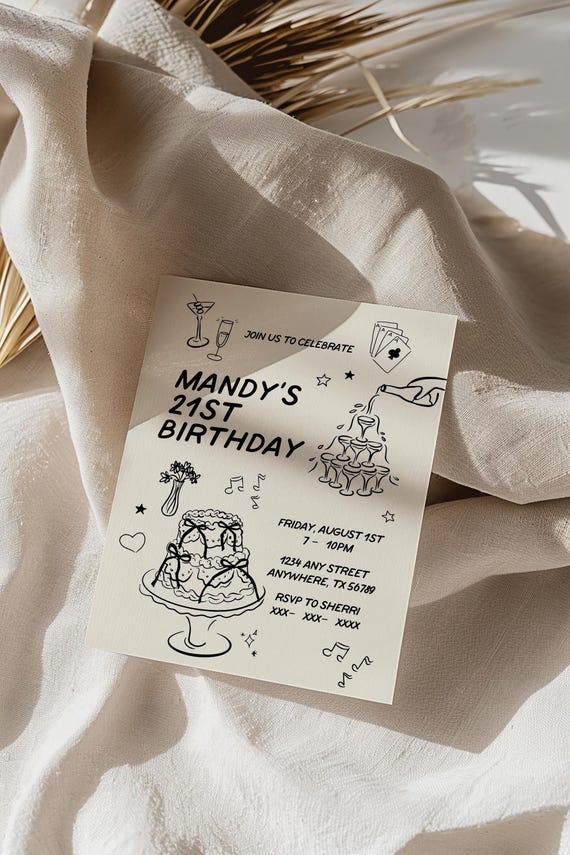 Editable Birthday Invitation Template, Girly Birthday Invite, Hand Drawn Birthday Invite, Any Age Birthday Invitation, Trendy Illustrative