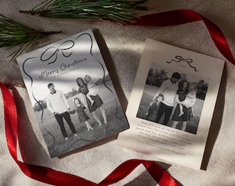Christmas Card with Family Photo Template, Family Photo Christmas Card, Holiday Card with Picture, Editable Christmas Card, Bow Border