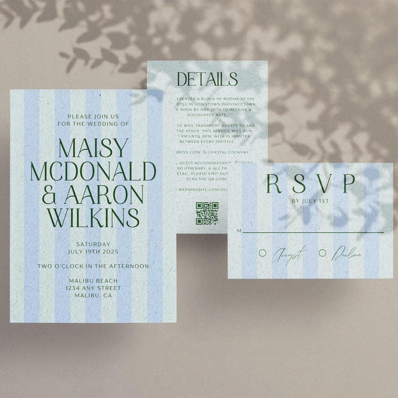 Wedding Invitation Template, Wedding Invite Set, Wedding Stationary Bundle, Whimsical Wedding, Striped Invite, Handwritten Invitation image 10