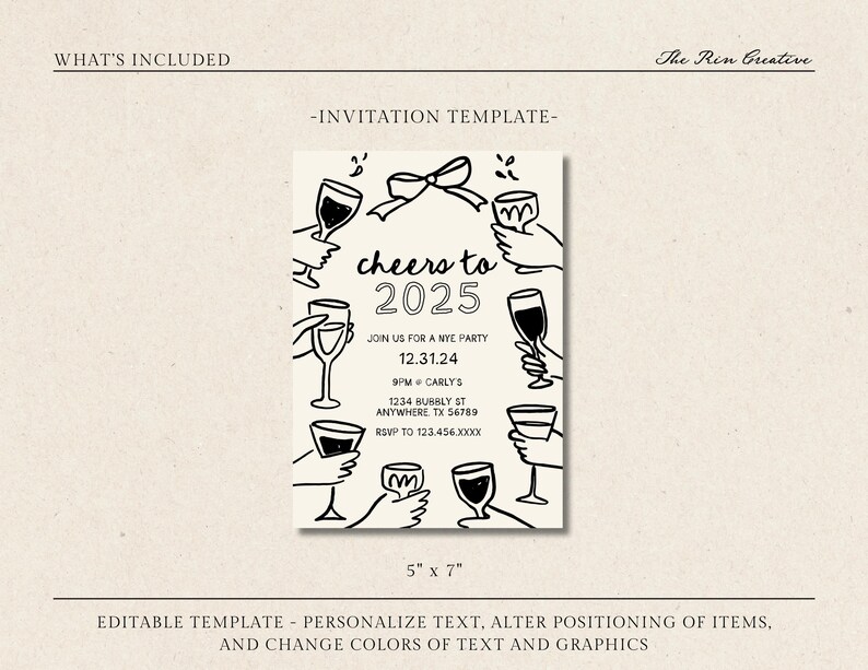 NYE Party Einladung Vorlage, Prost auf 2025, Hallo 2025, Bearbeitbare Einladungsvorlage, Wunderliche Hände Toasten, Silvester Einladung Bild 2