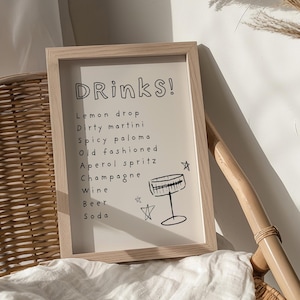 Bearbeitbare Getränkekarte, Bar Schild Vorlage, Cocktailliste, Handgezeichnete Barkarte, Printable, Getränkekarte, Hochzeit Barschild, Kitschige Barkarte