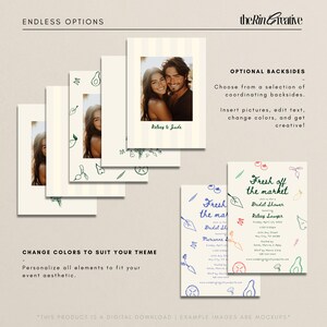 May include: A set of customizable printable invitations with a green and white vegetable and fruit theme. The invitations feature a photo of a couple and the text "Fresh off the market" and "Bridal Shower".