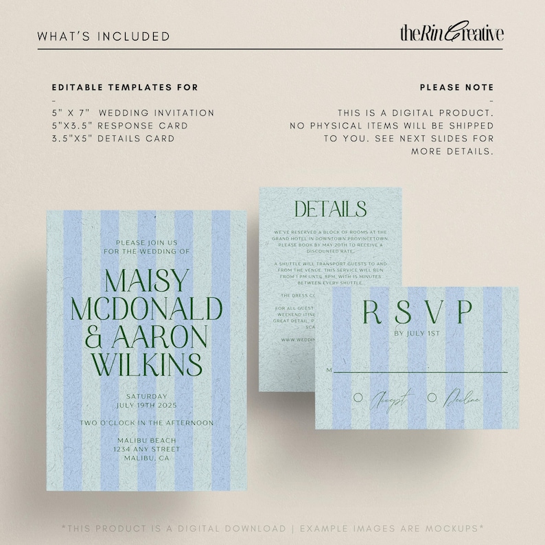 Wedding Invitation Template, Wedding Invite Set, Wedding Stationary Bundle, Whimsical Wedding, Striped Invite, Handwritten Invitation image 2
