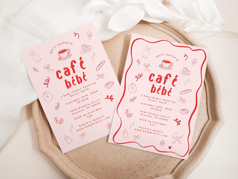 Editable Baby Shower Invitation Template Café Bébé Coffee Theme Whimsical Wavy Border Customizable Printable Digital Download 5x7 Fun Modern image 4