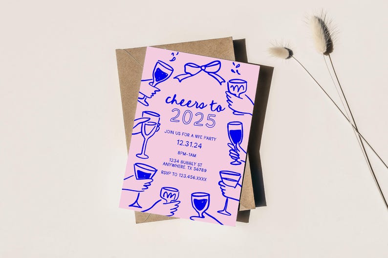 NYE Party Einladung Vorlage, Prost auf 2025, Hallo 2025, Bearbeitbare Einladungsvorlage, Wunderliche Hände Toasten, Silvester Einladung Bild 5