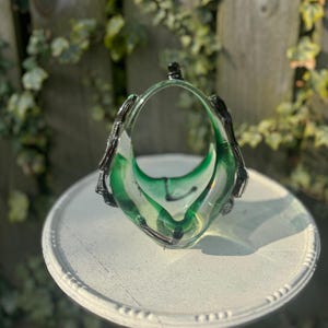 Green and black Murano style decorative glass basket vintage