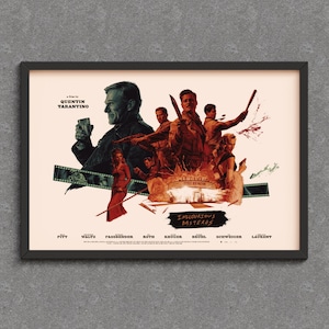 Puede incluir: Póster enmarcado de la película "Inglourious Basterds" de Quentin Tarantino. La obra de arte presenta un collage de personajes en tonos marrones, rojos y negros. El título de la película y los nombres del elenco están impresos en la parte inferior, con el nombre del director en la parte superior.