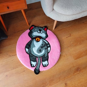 Cute Сat Rug , Tufted Rug, 100% Handmade Tufted Rug , moving parts rug, 3d rug tufting, commission rug, gift idea, living room decor