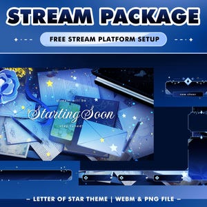 Pacote de sobreposição de transmissão animada de letras de estrelas para Twitch OBS Tema de noite estrelada com letras flutuantes, brilho azul, papel mágico celestial