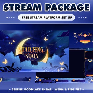 Serene Moonlake Animated Stream Overlay Pack for Twitch, YouTube, Kick, Aesthetic Night Sky Overlay Pack, Cute Dreamy Moon Butterfly Theme