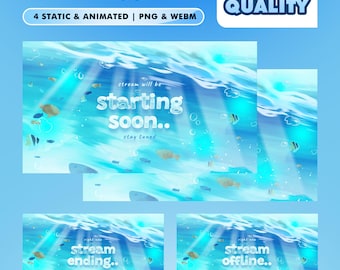 Under Sea Animated Stream Screens for Twitch Kick YouTube – Layout featuring Shimmering Ocean Waves, Colorful Fish, and Bubbly Water Accents