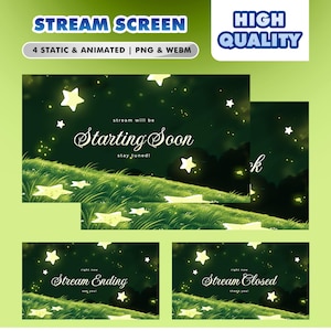Op de afbeelding: Een digitale stream-schermset met een donkergroene grasheuvel onder een nachtelijke hemel met gloeiende sterren. De tekst bevat STREAM SCREEN, HIGH QUALITY, 4 STATIC & ANIMATED | PNG & WEBM, Starting Soon, stay tuned!, Stream Ending en Stream Closed.