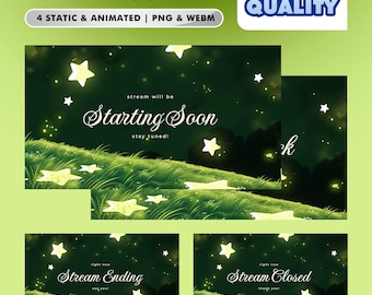 Enchanted Meadow Stream Screens – Magical Green Night / Starry Grassland Starting Soon / BRB / Ending Screens / Animated Twitch Overlay