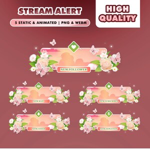 Op de afbeelding: Een set van vijf geanimeerde stream alert graphics met bloemen- en vlinderontwerpen. Elke waarschuwing heeft een ander meldingstype: Nieuwe volger, Nieuwe raid, Nieuwe abonnee, Nieuwe cheer en Nieuwe donatie. De waarschuwingen zijn in PNG- en WEBM-formaten.