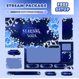 May include: A digital stream overlay package with a dark blue background and light blue floral accents. The text "STREAM PACKAGE" and "FREE SETUP" are displayed. The overlay includes animated elements and text that reads "STREAM WILL BE STARTING SOON."