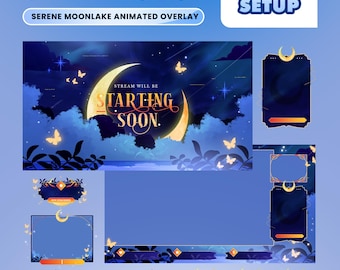 Serene Moonlake Twitch Overlay Package – Celestial Night Sky/Crescent Lake Fantasy/Animated Streaming Bundle Kick YouTube