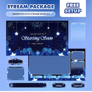 Puede incluir: Un paquete de transmisión digital con un tema de cielo estrellado azul oscuro. El paquete incluye superposiciones animadas, con texto que dice "STREAM PACKAGE" y "ANIMATED CUTE STREAM OVERLAY". El texto adicional incluye "Starting Soon", "stay tuned!", "Contact" y "About Me".