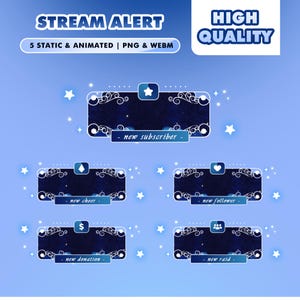 May include: A digital graphic with a blue background and white stars. The text "STREAM ALERT" and "HIGH QUALITY" are displayed. Five animated overlays are shown, each with a different icon and text like "new subscriber".