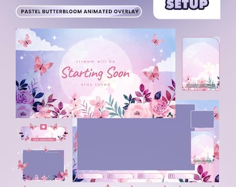 Butterfly Bloom Animated Overlay Package, Pastel Floral Stream, Pink Lavender Gaming Overlay, Butterfly Garden, Cute Vtuber Design