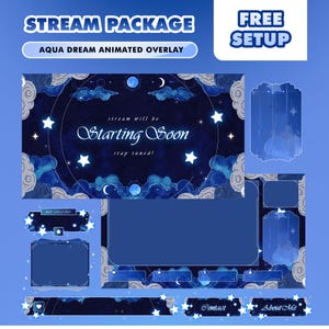 Può includere: Un pacchetto di streaming digitale a tema celeste. Il design presenta uno sfondo blu scuro con stelle, nuvole e lune bianche. Il testo include "STREAM PACKAGE", "AQUA DREAM ANIMATED OVERLAY", "Starting Soon" e "Contact".