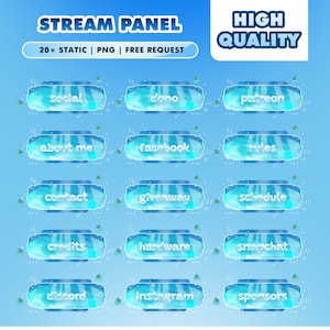 Könnte beinhalten: Ein Satz von 12 blauen und weißen Stream-Panel-Grafiken mit verschiedenen Textbeschriftungen, darunter "social", "dono" und "patreon". Die Grafiken haben ein wasserähnliches Design, und die Wörter "STREAM PANEL" und "HIGH QUALITY" sind ebenfalls sichtbar.