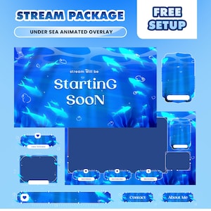 May include: A blue and white animated overlay stream package with an underwater theme. The package includes a "Starting Soon" screen, various panels, and a "Free Setup" offer. The design features stylized fish and aquatic elements.