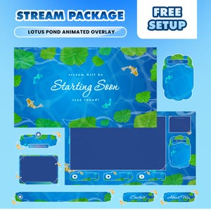 Könnte beinhalten: Ein digitales Stream-Paket mit einem Lotus-Teich-Thema. Das Design umfasst einen blauen Wasserhintergrund mit Koi-Fischen, Seerosenblättern und den Texten "Stream Package" und "Lotus Pond Animated Overlay". Zusätzliche Elemente sind Chat-Boxen und Schaltflächen.