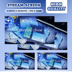 Może przedstawiać: Cyfrowy projekt ekranu strumienia z tekstem "STREAM SCREEN" i "HIGH QUALITY". Projekt zawiera animowane i statyczne pliki PNG i WEBM. Obraz zawiera tekst "Starting Soon", "Stream Ending" i "Stream Closed".